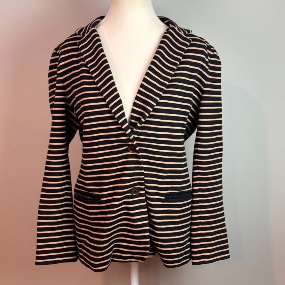 J. Crew Maritime Black and Tan Striped Blazer Jacket LG‎ Cotton Workwear Classic